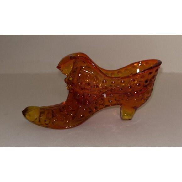 VTG Fenton Orange Red Amberina Hobnail Boot Slipper Shoe Cat Head Art Glass Glow - Picture 4 of 16